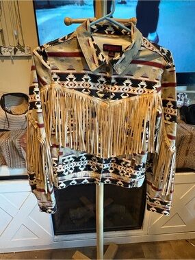 Rock & Roll Cowgirl Aztec Fringe Jacket in Beige, Black & Red